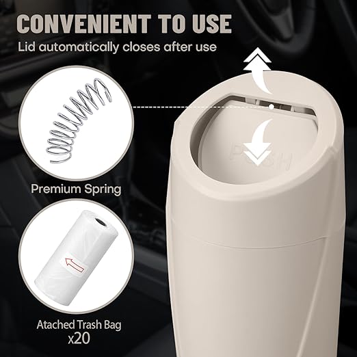 SGLRT Car Trash Can Bin with Lid - Car Garbage Can Cup Holder - Light Beige Mini Leakproof Vehicle Garbage Bin with 40pcs Trash Bags-Automotive Organizers and Storage for Front Back Seat Accessories