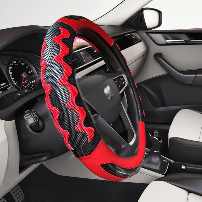Sport Grip Car Steering Wheel Cover for Men Women, Non-Slip Breathable Carbon Fiber PU Leather Steering Wheel Protector 14.5~15 inch, Rubber Inner