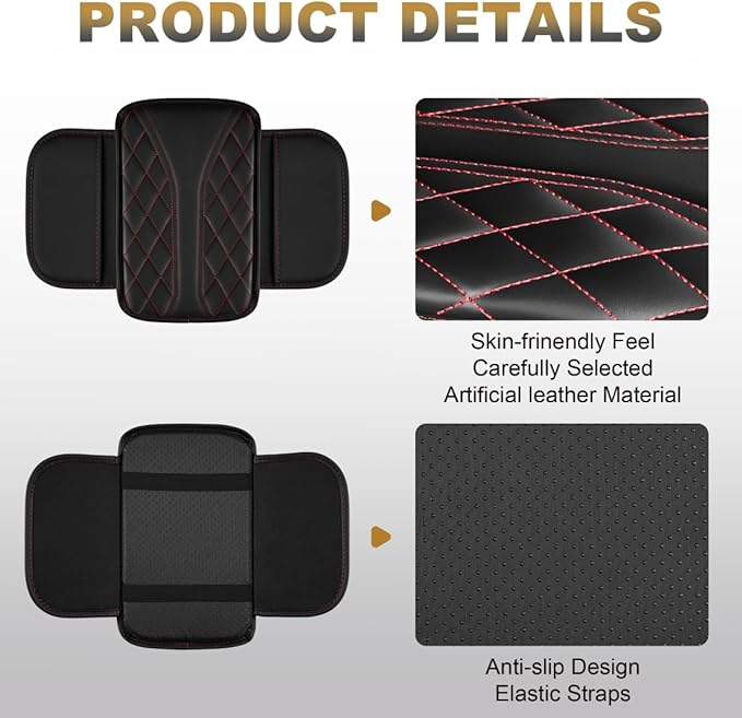 YORKNEIC Center Console Cover Fit for Ford Fusion,Upgraded Faux Leather Car Armrest Cover with 2 Storage Bags,Anti-Scratch/Wear-Resistant/Waterproof Car Armrest Cushion Protector(Black&Redline)