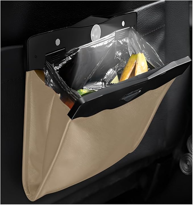 Hanging Car Trash Bag, Foldable Magnetic Garbage Can with Smart LED for Front Back Seat, Multi-Functional Waterproof Leather Rubbish Bag Storage Pocket, Car Accessories (Beige)