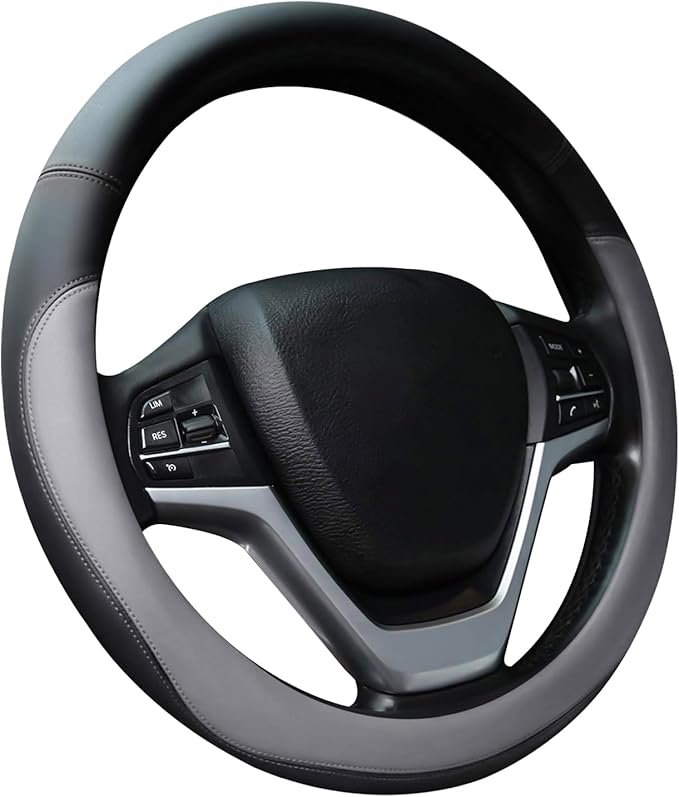 Gray Car Steering Wheel Cover, Nappa Leather, Bottom Color Blocking, Universal 14.5-15 Inch Leather Anti-Slip Breathable Auto Steering Wheel Covers for Men Women