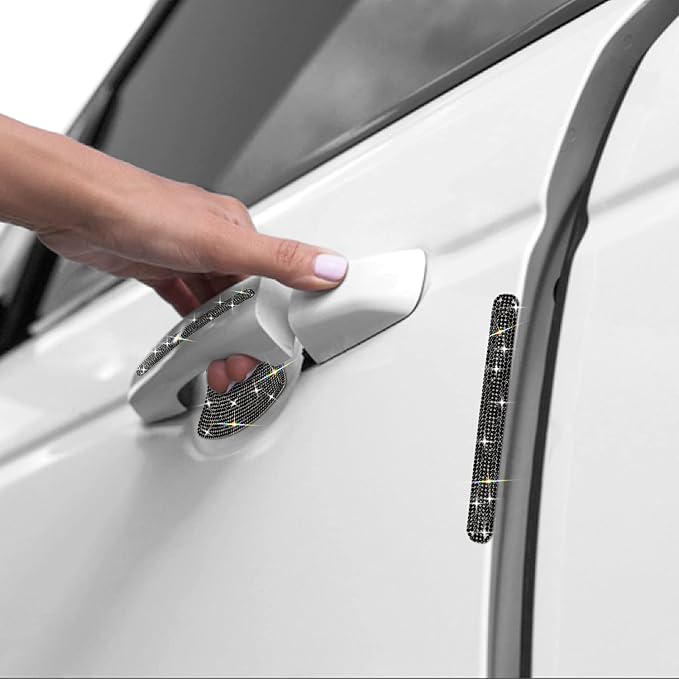 Gengki 10PCS Car Door Handle Bling Rhinestones Stickers Universal Auto Door Handle Scratch Cover Guard Protective Film Pad with Safety Reflective Strips