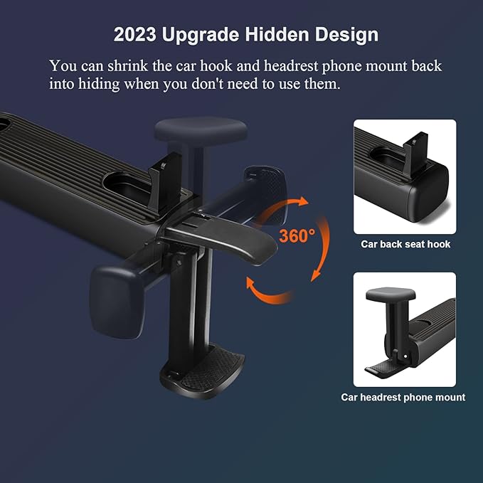 Back Seat Headrest Hooks - New Upgraded 2 in 1 Hidden Car Hook With Phone Holder, Universal 360 Rotation for Purses and Bags (Black - 1PCS)