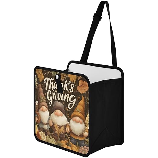 Car Trash Can Organizer Bin with Adjustable Strap for Back Front Seat Console Waterproof Leakproof Collapsible Portable 8.66 Inch Autumn Gnomes Pumpkin Brown