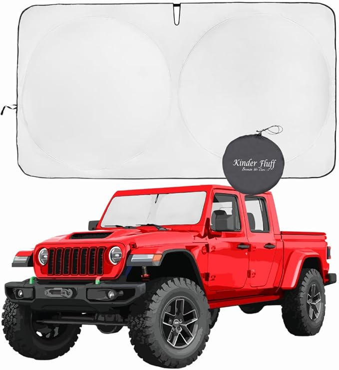 kinder Fluff Windshield Sunshade for Jeep Wrangler, Rubicon, Sahara, Gladiator, Sport S, Willys 41, High Altitude, 4xe | Certified Car Window Shade Blocks 99.9% UVR | Sun Protection Car Accessories