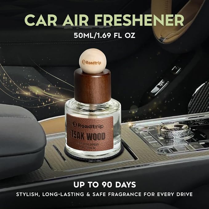 1Roadtrip Car Air Freshener - Long Lasting Aromatherapy Essential Oil Diffuser - Car Cup Holder Accessories for Men & Women - Non Toxic Air Freshener - Teakwood Scent Diffuser 1.69 FL OZ/50ML