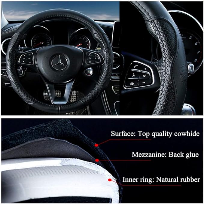 Black Leather Steering Wheel Cover Cowhide Wheel Cover Genuine Leather Steering Wheel Covers Universal Size L / 15.5inch (B-Black-L)