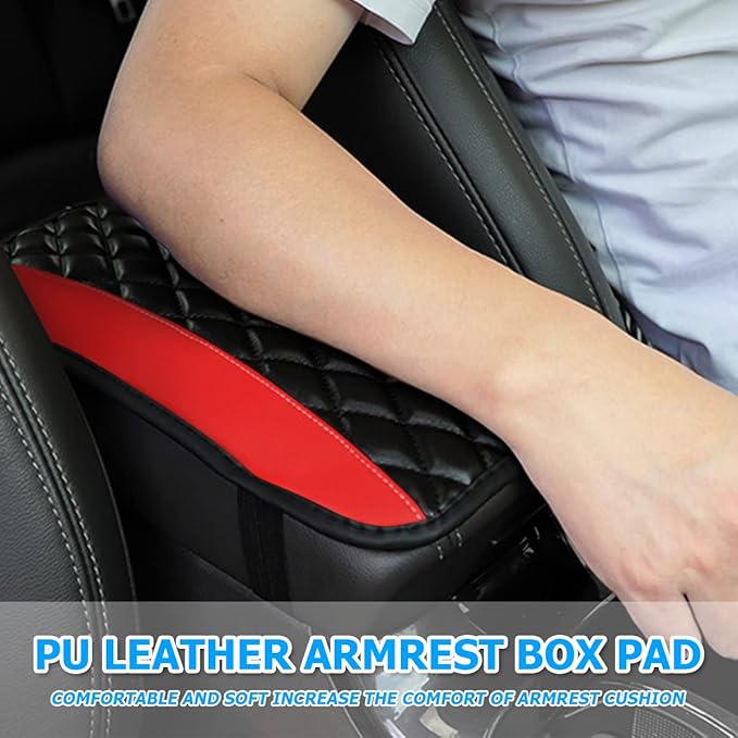 Moly Magnolia Car Center Console Cushion Pad, Universal Leather Waterproof Armrest Seat Box Cover Protector,Comfortable Car Decor Accessories Fit for Most Cars, Vehicles, SUVs (Red)