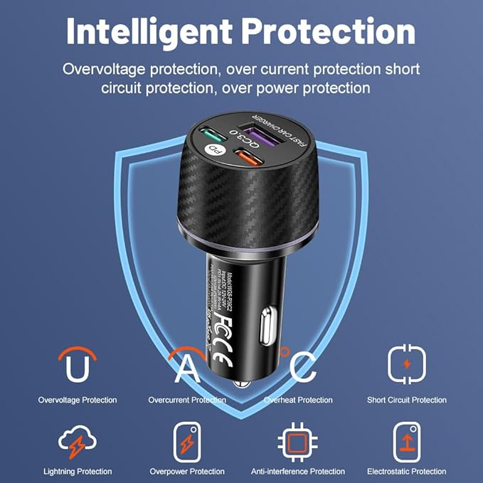 88.5W 3-Port USB C Car Charger with PD3.0 & QC3.0, Fast Charging Cigarette Lighter Adapter, 12V-24V Car Phone Charger Cigarette Lighter Adapter for Car/SUV/Truck/Van