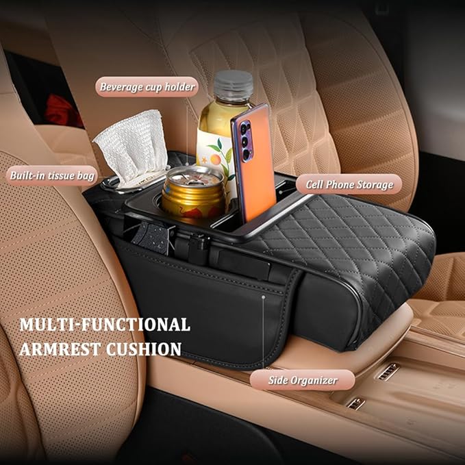 5-in-1 Car Center Console Cover,Multifunctional Arm Rest Cover for Car with Cup Holder,Phone Holder,Pocket,Car Tissue Holder,Leather Height Enhancement Car Armrest Cushion for Most Cars (Black)