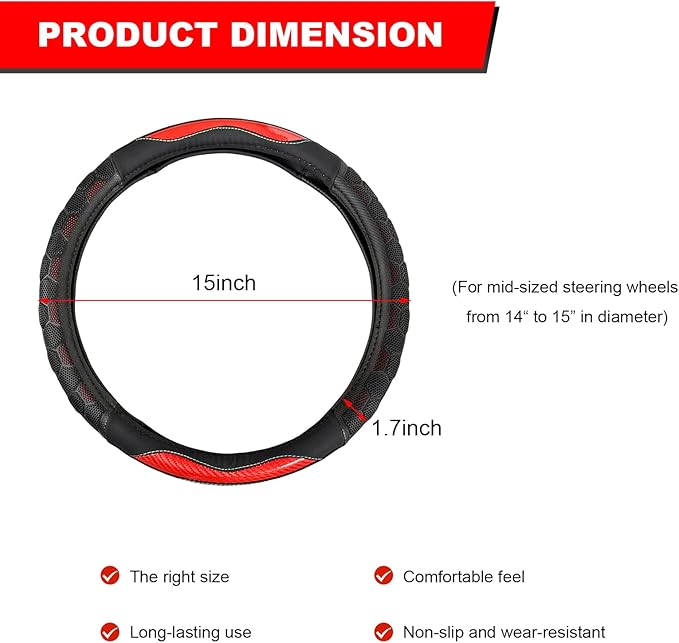 Carbon Fiber Steering Wheel Cover, Non-Slip Leather Steering Wheel Protector with 3D Honeycomb Design, Comfy Grip Breathable Sporty Auto Wheel Wrap for Most Cars Trucks SUVs (Red)