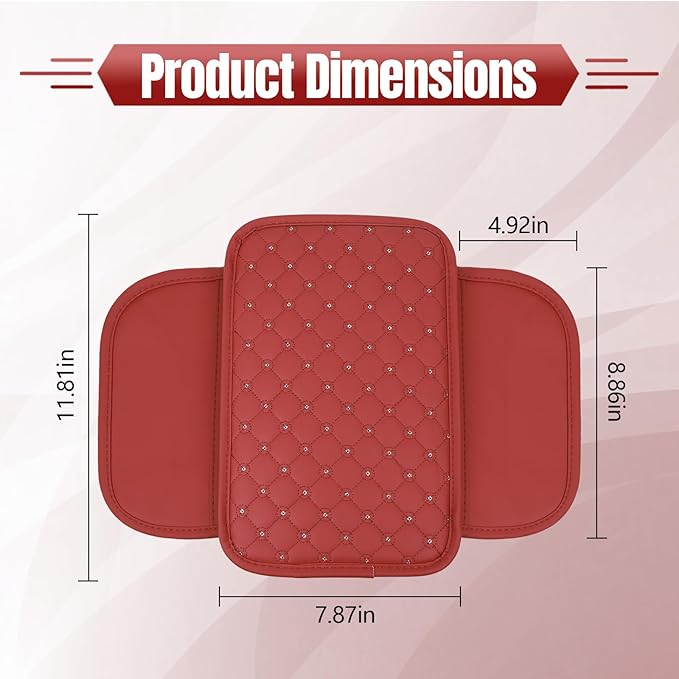 wuyaoyao Bling Car Center Console Cover, 11.81"×7.87" Leather Auto Arm Rest Cover Protector with 2 Storage Bags, Vehicle Crystal Rhinestone Armrest Cushion Pad, Interior Car Accessories (Wine Red)