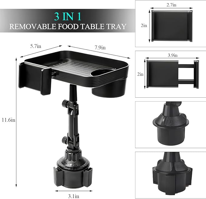 Car Cup Holder Tray, 3 in 1 Detachable Auto Cup Holder Tray Food Table with Phone Stand, Multi-Functional Cup Holder Anti-Slip Tray with Phone Holder, Car Accessories