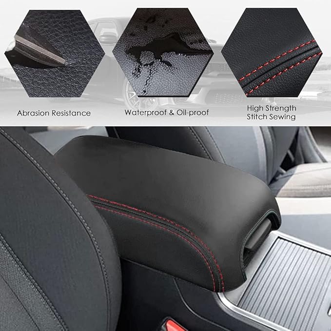 sportuli Center Console Cover Anti-Scratch Leather Armrest Pad Replace for 2019-2024 2025 Dodge RAM 1500 2500 3500, for All Makes & Models with Bucket Seats (Red Stitches)