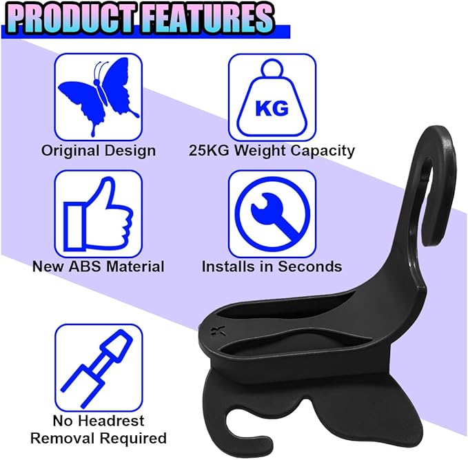 2PCS Cute Butterfly Car Seat Headrest Hook, Multifunctional Auto Interior Bag Organizer Holder, Car Back Seat Hanging Storage Double Hooks for Purse, Bag, Coat, Umbrella(Black)