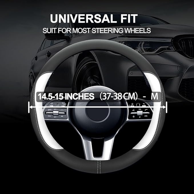 Car Steering Wheel Cover,Microfiber Leather Steering Wheel Cover Universal 14.5-15 inch, Anti-Slip Breathable Auto Wheel Cover Protector for Men Women (Black&White)