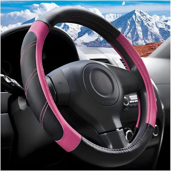 Car Steering Wheel Cover, 15 Inch Carbon Fiber Leather Non-Slip Steering Wheel Protector with Lining, Breathable Automotive Interior Accessories, Universal for SUV RV Truck (Pink)
