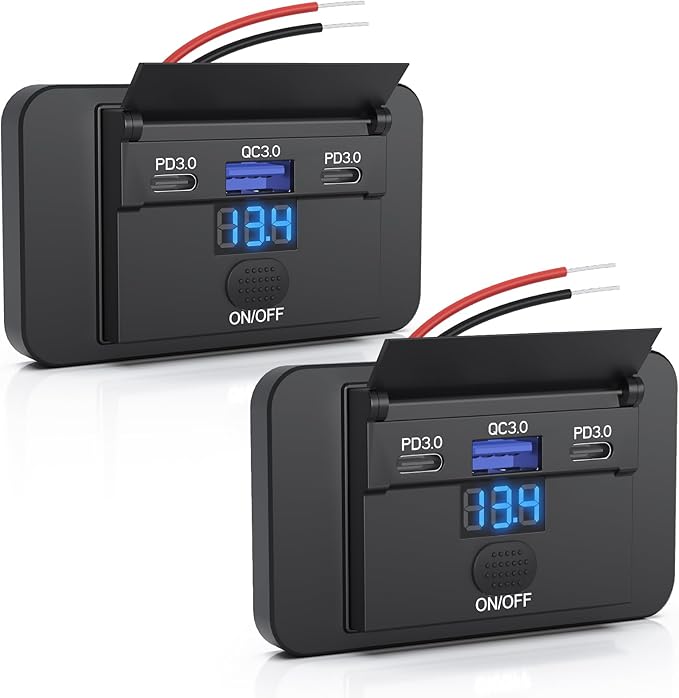 2PCS Gibbab 90W 3 Ports 12V RV USB Switch Outlet with Voltmeter, 2*36W PD3.0 Type-C Quick Charge & 18W QC3.0 Socket Panel Wall Mount Automotive Multi-Port Charger Adapter for Car Marine Truck Boat Bus