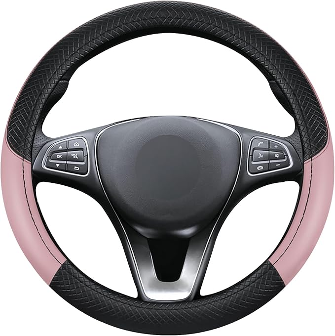 Black & Pink Car Steering Wheel Cover, Microfiber, Leather Patchwork, Universal 14.5-15 Inch Leather Anti-Slip Breathable Auto Steering Wheel Covers for Men Women