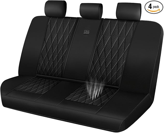 CAR PASS Thick Foam 3D Air Mesh Leather Rear Bench Car Seat Covers, Breathable Deluxe Anti Slip Automotive Back Seat Cover Universal Fit for 95% Sedans SUVs Vans Trucks, Solid Black