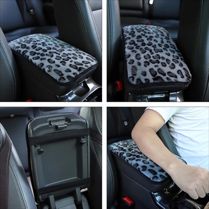 OUNONA Car Center Console Cover Leopard Print Plush Cushion Non-Slip Armrest Pad Soft Protector for SUV Interior Accessories 12.6X7.48 Inches