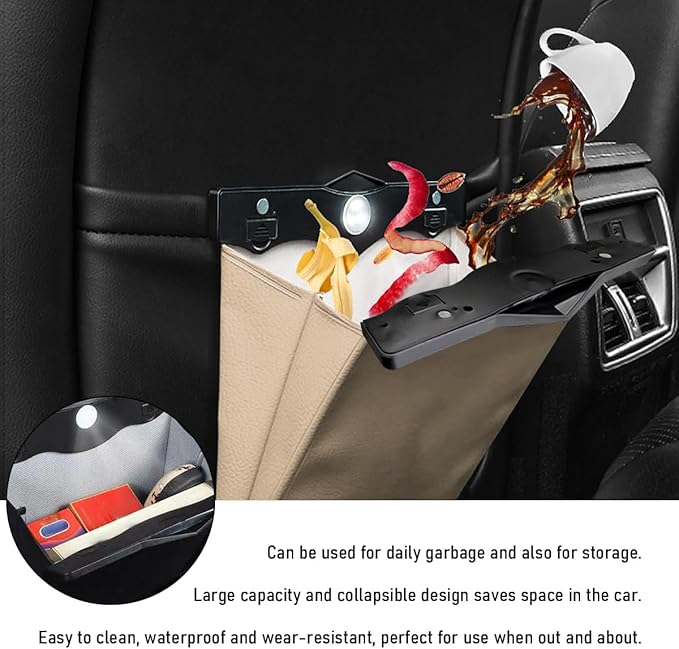 Hanging Car Trash Bag, Foldable Magnetic Garbage Can with Smart LED for Front Back Seat, Multi-Functional Waterproof Leather Rubbish Bag Storage Pocket, Car Accessories (Beige)