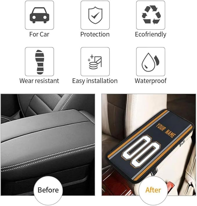 Custom Car Armrest Cover,Add Personalized Name and Number As Gifts for Loyal Football Fans,American Football Auto Center Console Pad Car handrail Box Cushion,Fit for Most Car Seat Box Cover Protector