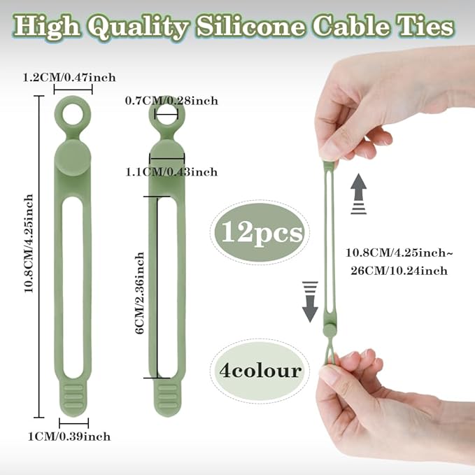 24Pcs Silicone Cable Ties, Reusable Cord Organizer for Charging Cords in Office, School, Home - Multipurpose Elastic Wraps