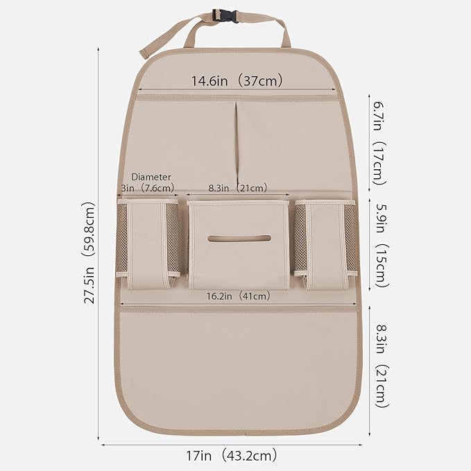 pefirst Car Backseat Organizer for Kids, Car Back Seat Storage Bag With 3 Pockets, 2 Drinks Holders, Water Resistant, Kids Toy Storage Kick Mat Back Seat Protector for Toddlers (Beige 1-Pack)