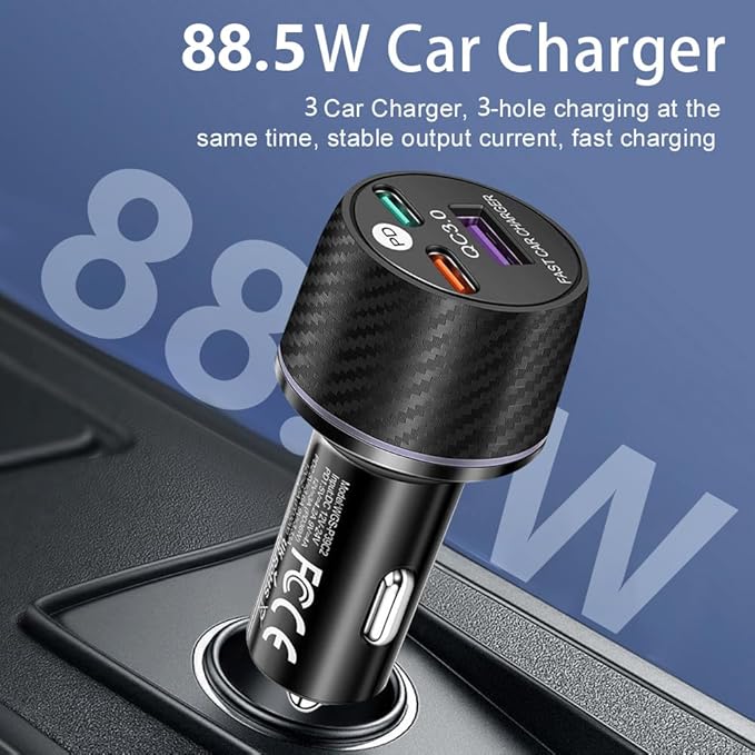 88.5W 3-Port USB C Car Charger with PD3.0 & QC3.0, Fast Charging Cigarette Lighter Adapter, 12V-24V Car Phone Charger Cigarette Lighter Adapter for Car/SUV/Truck/Van