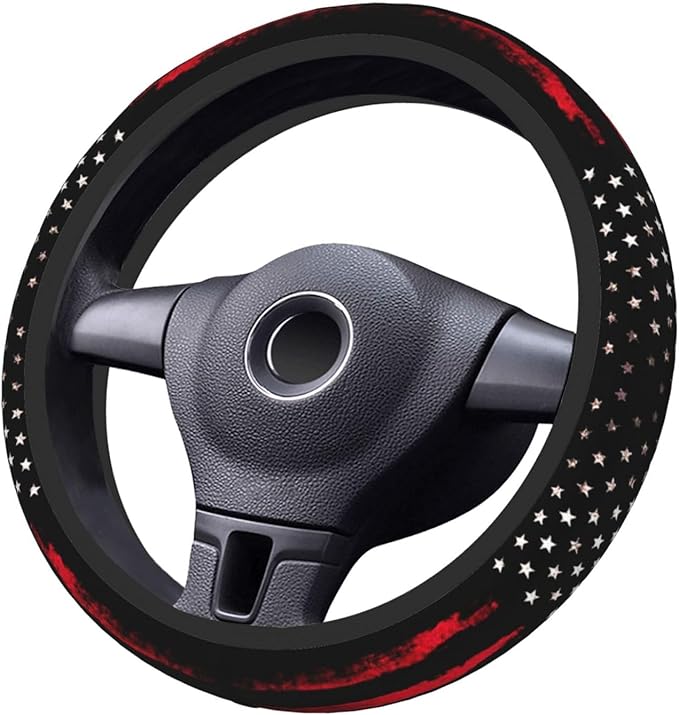 Red Black American Flag Elastic Steering Wheel Cover, Non-Slip Breathable Neoprene Steering Wheel Covers, Men Car Accessories, Universal 15 Inch Fit Auto, Suvs, Truck