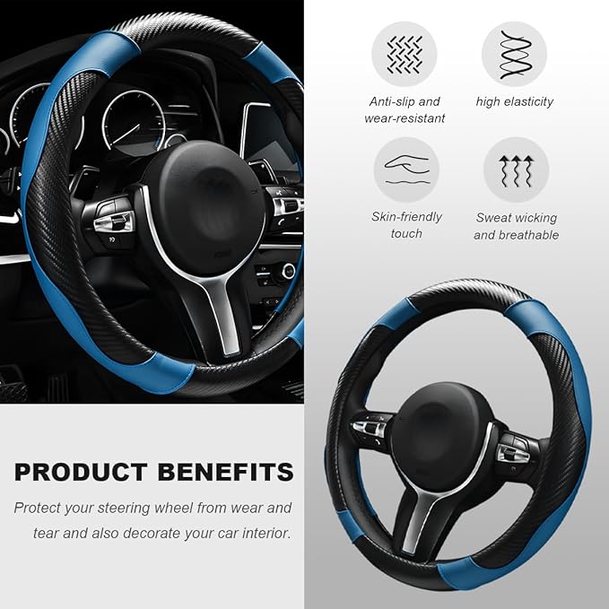 Car Steering Wheel Cover, 15 Inch Carbon Fiber Elastic Vehicle Steering Wheel Protector, Breathable Leather Auto Wheel Covers for Women Men, Interior Car Accessories (Black & Blue)