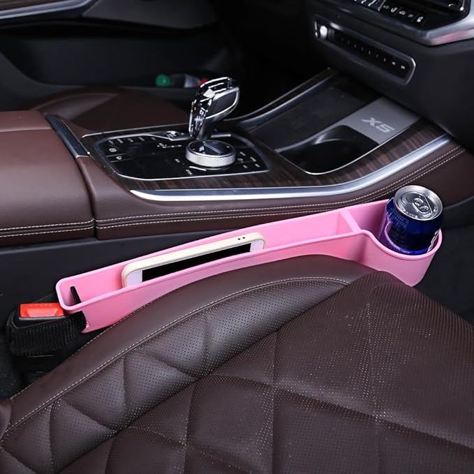 Car Seat Gap Filler, Multifunctional Seat Side Gap Filler with Cup Holder & Organizer, Gap Stopper Universal Fit Car SUV Truck Fill The Gap Between Seat & Console Set of 2 (Pink)