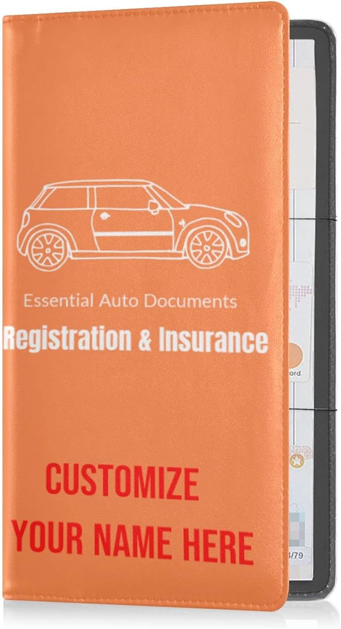 Custom Car Registration and Insurance Card Holder Personalized Leather Glove Box Organize Men Women Wallet Accessories Case for Cards, Essential Document Driver License Orange