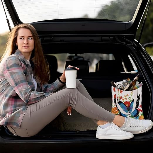 Butterfly Flower Field Print Car Trash Bag Portable Hanging Garbage Bag with Snap Buttons Back Seat Rubbish Storage Dustbin for Women Man Car Interior Accessories Kitchen Home Travel