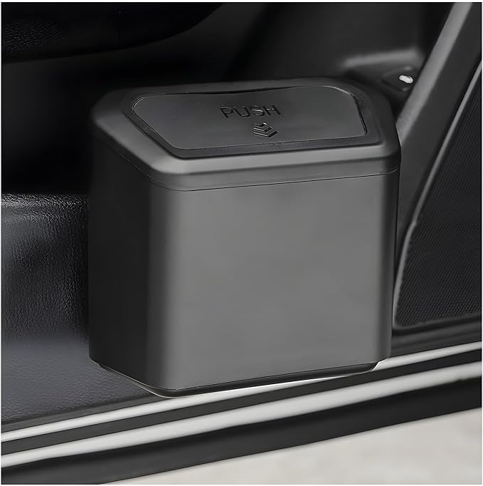 Car Trash Can with Lid, Plastic Mini Auto Hanging Dustbin with Garbage Bags, Trash Organizer with Lid Garbage Holder Container for Vehicle Office Home, Car Accessories (Black)