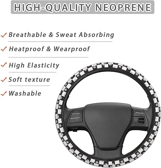 FeHuew Cute Dog Cat Paws Plaid Steering Wheel Cover for Women, Girls 15 inch Universal Auto Car Anti Slip Wrap Steering Wheel Covers Fit for Vehicles, Truck, SUV