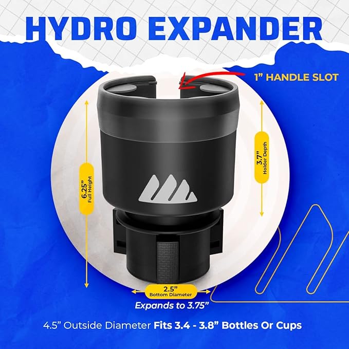 Integral Hydro Expander - Car Cup Holder Expander Organizer with Adjustable Base - Rubber Tabs Hold Most 32 - 40 oz Bottles and Large Cups