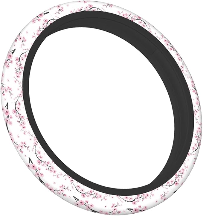 Swono Steering Wheel Cover for Men Women Watercolor Flower Branch of Cherry Blossom Flower Pink Universal 15 Inch Anti-Slip Odorless Breathable Car Wheel Protector