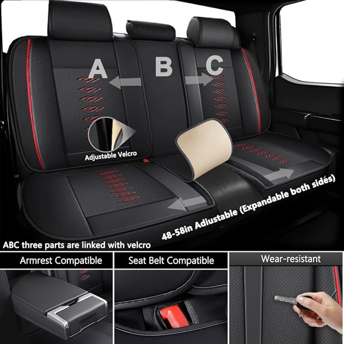 Premium Universal Car Seat Cover, Comfortable Leather Seat Cover for 96% of Models, Waterproof Car Seats Protectors Cushions for 5 Seats(Black+Red)
