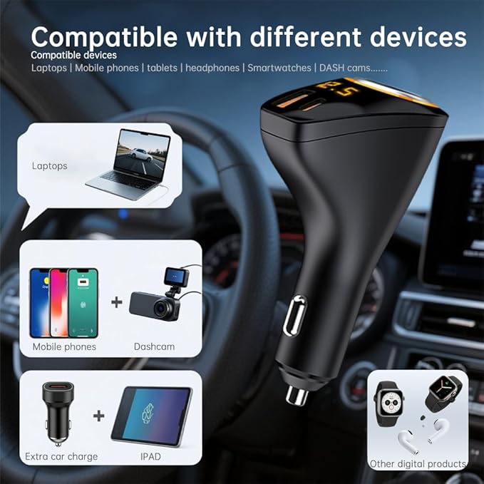 Cigarette Lighter Splitter, 4-in-1 Cigarette Lighter Adapter with 65W USB C PD3.0 & 22.5W QC3.0 Fast Charging + LED Voltage Display & Expandable 12V Socket Car Charger for iPhone 17/16/15 Samsung S25