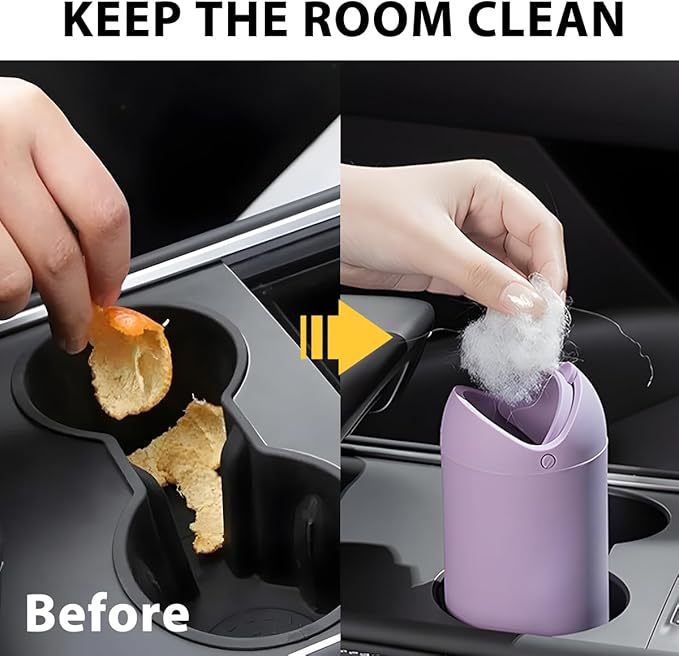 Car Trash Can with Lid, Silicone Leakproof Mini Round Vehicle Garbage Bin for Cup Holder, Portable Automotive Interior Waste Storage & Organizers Accessories, Universal Fit (Purple)
