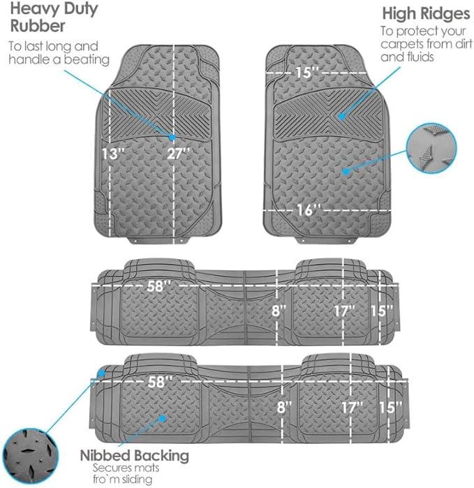 FH Group Automotive Floor Mats Climaproof for All Weather Protection Universal Fit Trim to Fit for Most Cars, SUVs, and Trucks, 3 Row 4pc Full Set Black