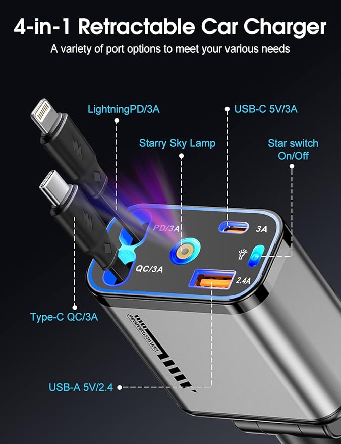 Retractable Car Charger 120W Fast Charging with Starlight,4 in 1 Universal Car Phone Charger,Built-in Type-C & Applehead Cable,Car Road Trip Retractable Accessory for iPhone,IPad,Samsung Galaxy,Pixel
