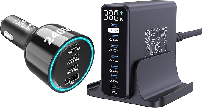 URVNS 240W 4-Ports USB C Car Charger Bundle with a 380W 7-Ports USB C Charging Station with LED Display