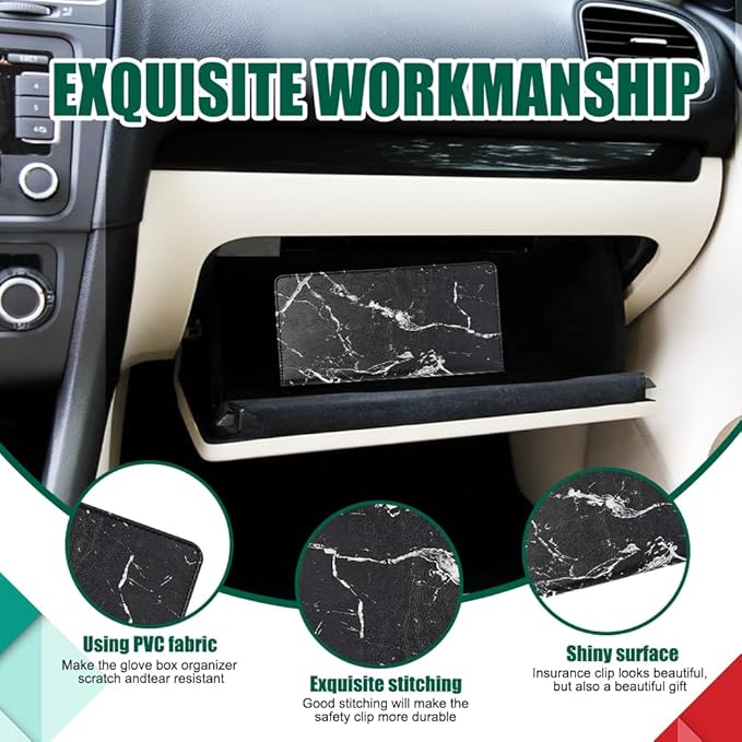 Vehicle Glove Box Car Organizer, Car Registration and Insurance Holder, Insurance Card Holder for Cars, Leather Card Holder Interior Auto Accessories for Women (Marble-Black/Large)