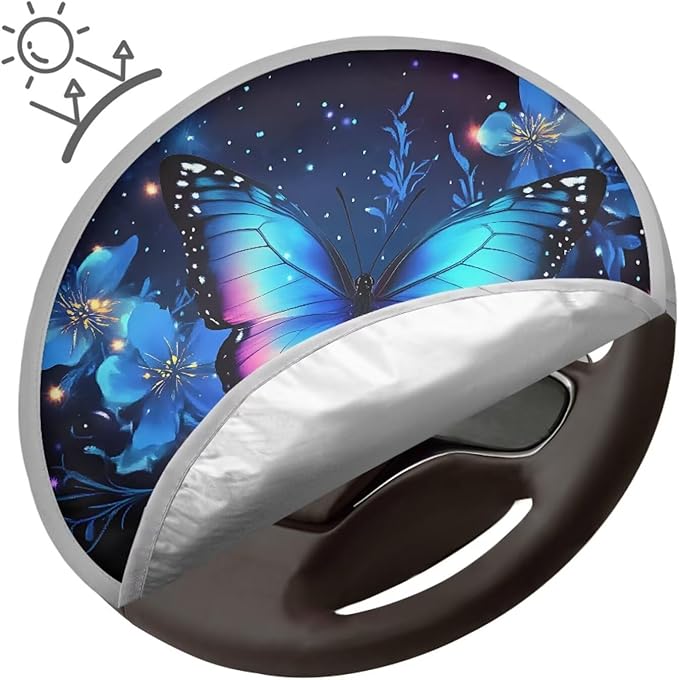Blue Butterfly Vehicle Steering Wheel Sun Shade 17 Inch Fashion Car Rudder Reflector Protector for SUV Truck Van Summer Essential Gift for Holiday