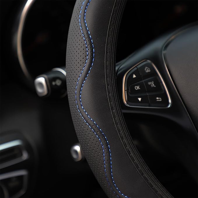 zipelo Elastic Stretch Steering Wheel Cover, Microfiber Breathable Ice Silk, Universal 15 Inch Anti-Slip Car Steering Wheel Protector, Warm in Winter and Cool in Summer for Women (Style2-Black/Blue)