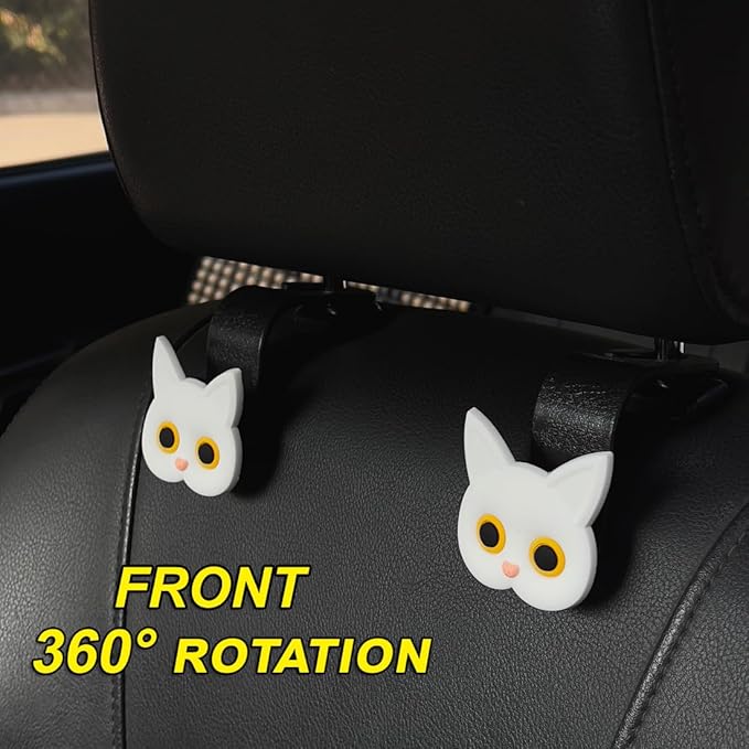 Cute Cat Hooks Cartoon Hanger Purse Hook Holder Car Storage Organizer Universal Car Seat Headrest Storage Hanger for Hanging Handbag Grocery Bags(White)