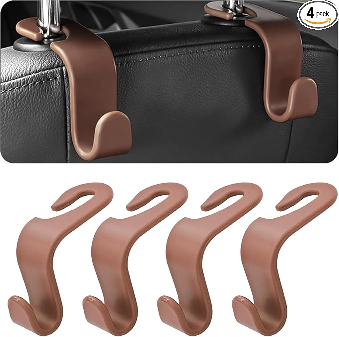 4PCS Car Back Seat Headrest Hooks, Rear Car Seat Storage Headrest Hanger Holder Hooks Organizer, Universal Auto Interior Accessories for Bag Purse Handbag Cloth Coats Grocery (Brown)